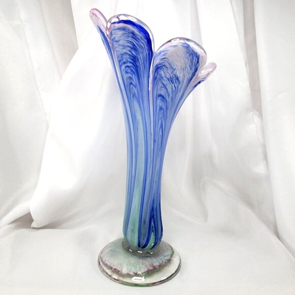 Handblown Art Glass Vase Pink & Blue Swirl Design Pulled Swung Glass 9.5"Tall - Picture 14 of 16